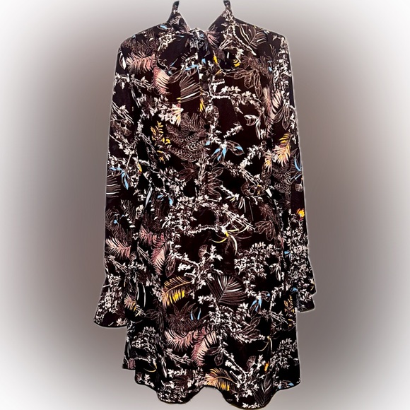 NWOT Derek Lam SZ38 Brown/white/blue multicolored Floral Tie-Neck Dress/bust 36” - Picture 2 of 7